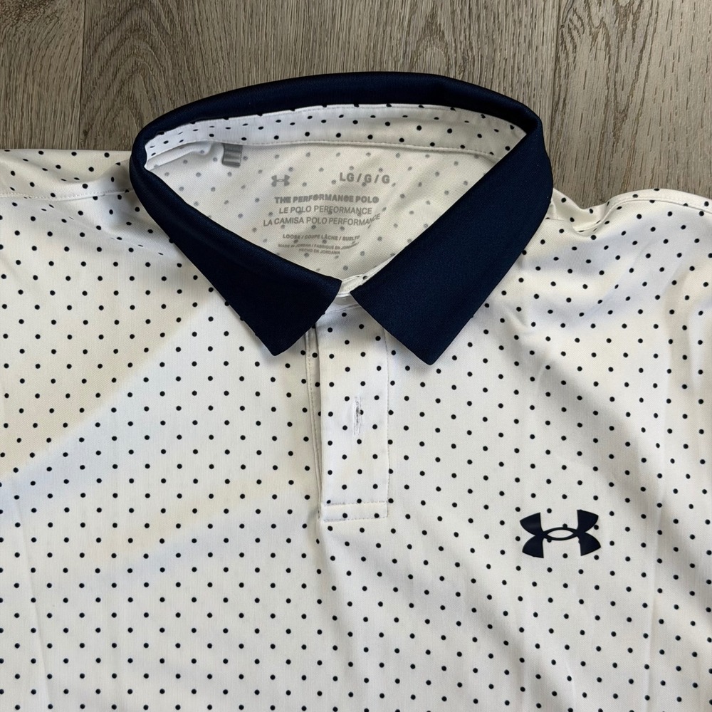 Under Armour Mens Performance Polo Shirt Large White Navy Polka Dot 1361857